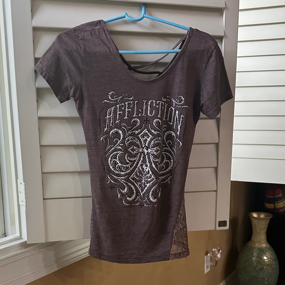 Affliction Women's Brown Embellished Short Sleeve Tee